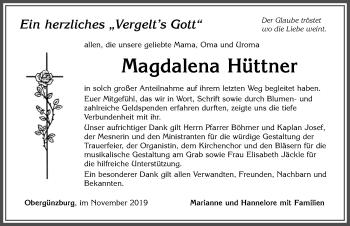 Traueranzeige von Magdalena Hüttner von Allgäuer Zeitung, Marktoberdorf