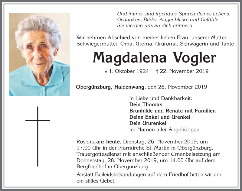  Traueranzeige für Magdalena Vogler vom 26.11.2019 aus Allgäuer Zeitung, Marktoberdorf