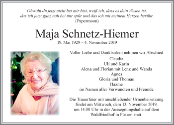 Traueranzeige von Maja Schnetz-Hiemer von Allgäuer Zeitung, Füssen