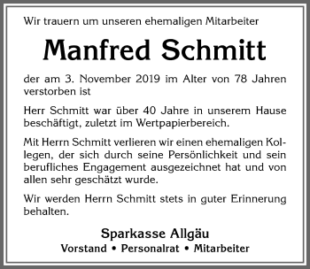 Traueranzeige von Manfred Schmitt von Allgäuer Zeitung,Kempten