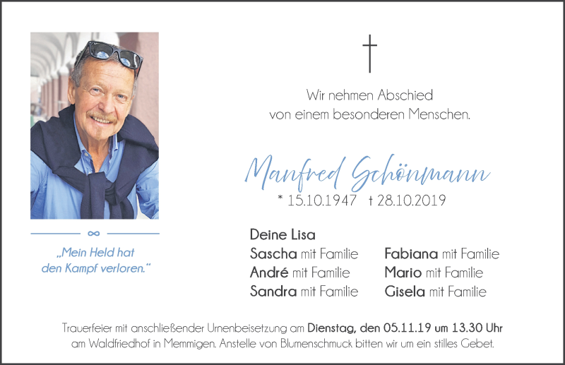  Traueranzeige für Manfred Schönmann vom 02.11.2019 aus Memminger Zeitung