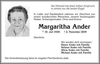 Traueranzeige von Margaritha Ander von Allgäuer Zeitung, Kaufbeuren/Buchloe