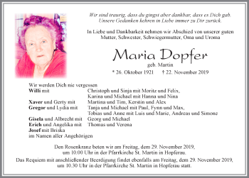Traueranzeige von Maria Dopfer von Allgäuer Zeitung, Füssen