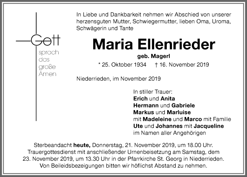 Traueranzeige für Maria Ellenrieder vom 21.11.2019 aus Memminger Zeitung