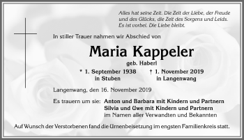 Traueranzeige von Maria Kappeler von Allgäuer Anzeigeblatt