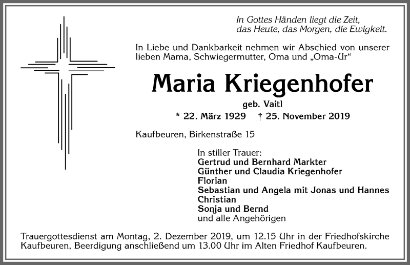  Traueranzeige für Maria Kriegenhofer vom 29.11.2019 aus Allgäuer Zeitung, Kaufbeuren/Buchloe