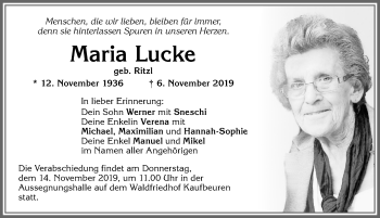 Traueranzeige von Maria Lucke von Allgäuer Zeitung, Kaufbeuren/Buchloe