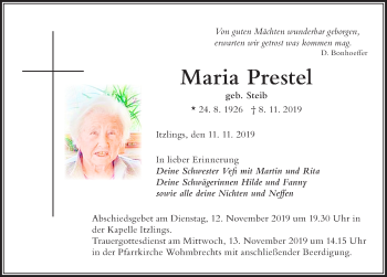 Traueranzeige von Maria Prestel von Der Westallgäuer