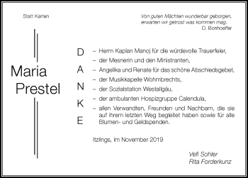 Traueranzeige von Maria Prestel von Der Westallgäuer