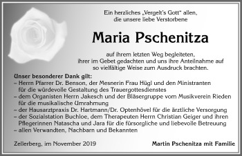 Traueranzeige von Maria Pschenitza von Allgäuer Zeitung, Kaufbeuren/Buchloe