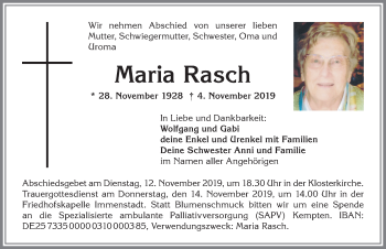 Traueranzeige von Maria Rasch von Allgäuer Zeitung
