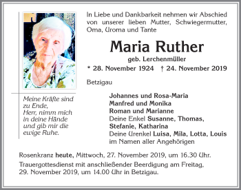 Traueranzeige von Maria Ruther von Allgäuer Zeitung,Kempten