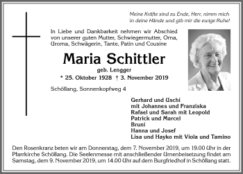 Traueranzeige von Maria Schittler von Allgäuer Anzeigeblatt