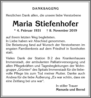 Traueranzeige von Maria Stiefenhofer von Allgäuer Anzeigeblatt