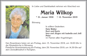 Traueranzeige von Maria Wilkop von Allgäuer Zeitung,Kempten