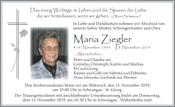 Traueranzeige von Maria Ziegler von Allgäuer Zeitung, Füssen