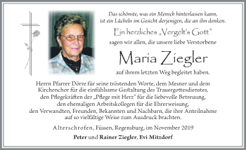 Traueranzeige von Maria Ziegler von Allgäuer Zeitung, Füssen