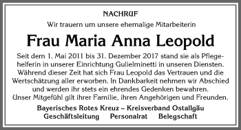 Traueranzeige von Maria Anna Leopold von Allgäuer Zeitung, Kaufbeuren/Buchloe