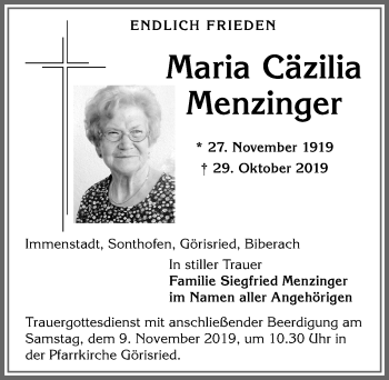 Traueranzeige von Maria Cäzilia Menzinger von Allgäuer Zeitung, Marktoberdorf