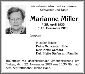 Traueranzeige von Marianne Miller von Allgäuer Zeitung,Kempten
