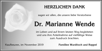 Traueranzeige von Marianne Wende von Allgäuer Zeitung, Kaufbeuren/Buchloe