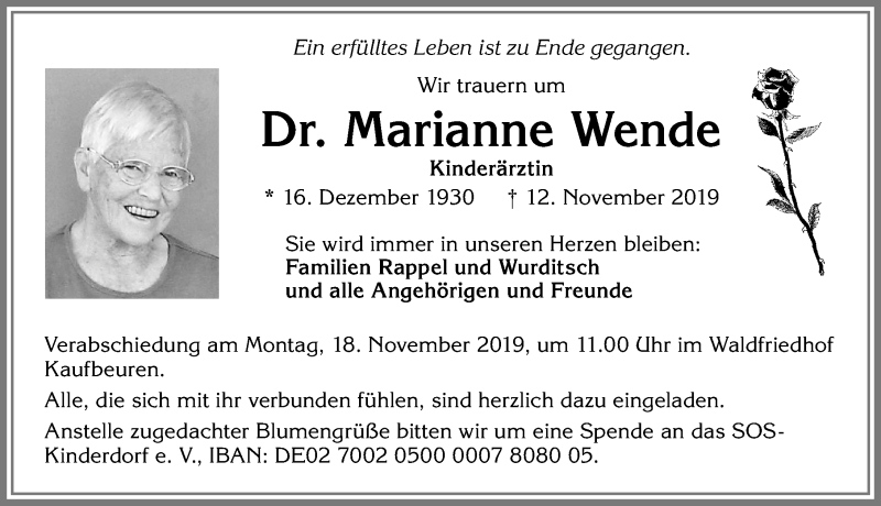  Traueranzeige für Marianne Wende vom 14.11.2019 aus Allgäuer Zeitung, Kaufbeuren/Buchloe