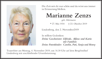 Traueranzeige von Marianne Zenzs von Der Westallgäuer