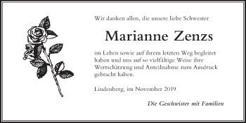 Traueranzeige von Marianne Zenzs von Der Westallgäuer