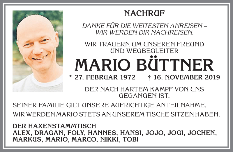  Traueranzeige für Mario Büttner vom 30.11.2019 aus Allgäuer Zeitung,Kempten