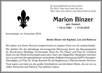Traueranzeige von Marion Binzer von Allgäuer Anzeigeblatt