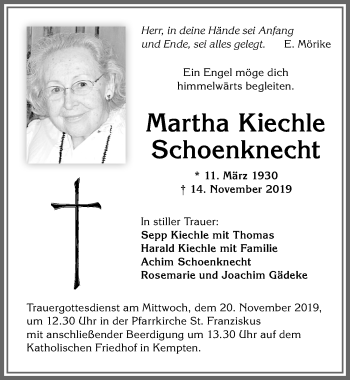 Traueranzeige von Martha Kiechle Schoenknecht von Allgäuer Zeitung,Kempten