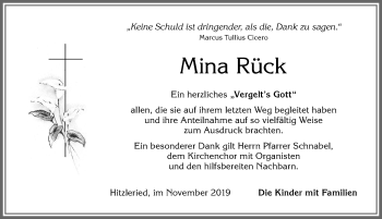 Traueranzeige von Mina Rück von Allgäuer Zeitung, Füssen