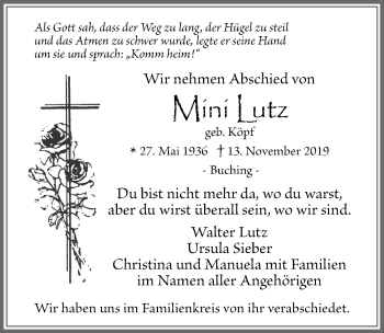Traueranzeige von Mini Lutz von Allgäuer Zeitung, Füssen