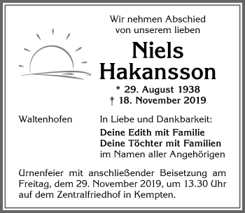 Traueranzeige von Niels Hakansson von Allgäuer Zeitung,Kempten