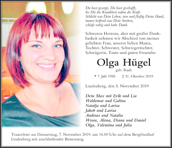 Traueranzeige von Olga Hügel von Der Westallgäuer