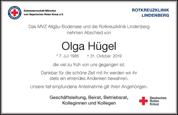 Traueranzeige von Olga Hügel von Der Westallgäuer