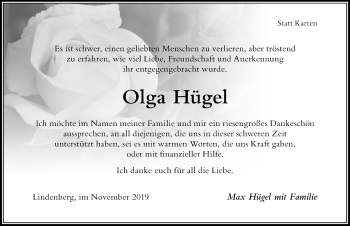 Traueranzeige von Olga Hügel von Der Westallgäuer