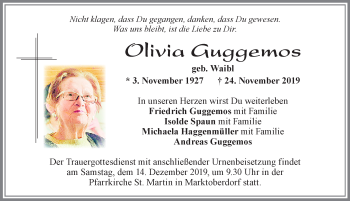 Traueranzeige von Olivia Guggemos von Allgäuer Zeitung, Marktoberdorf