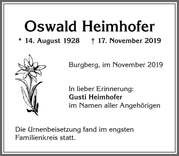 Traueranzeige von Oswald Heimhofer von Allgäuer Anzeigeblatt