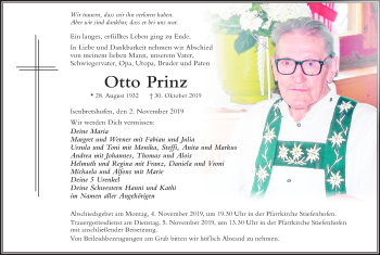 Traueranzeige von Otto Prinz von Der Westallgäuer