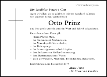 Traueranzeige von Otto Prinz von Der Westallgäuer