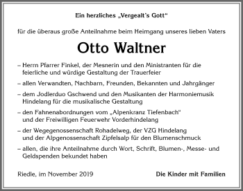 Traueranzeige von Otto Waltner von Allgäuer Anzeigeblatt