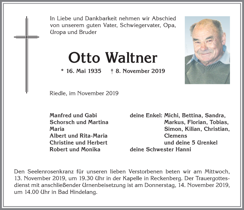  Traueranzeige für Otto Waltner vom 12.11.2019 aus Allgäuer Anzeigeblatt