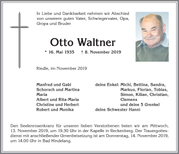 Traueranzeige von Otto Waltner von Allgäuer Anzeigeblatt