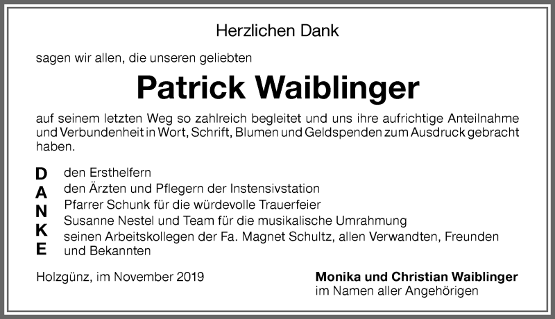  Traueranzeige für Patrick Waiblinger vom 02.11.2019 aus Memminger Zeitung