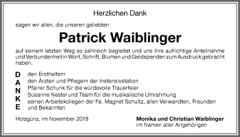 Traueranzeige von Patrick Waiblinger von Memminger Zeitung
