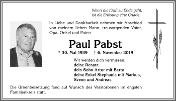 Traueranzeige von Paul Pabst von Allgäuer Anzeigeblatt