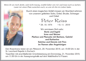 Traueranzeige von Peter Reiss von Allgäuer Zeitung, Füssen