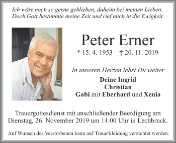 Traueranzeige von Peter Erner von Allgäuer Zeitung, Füssen