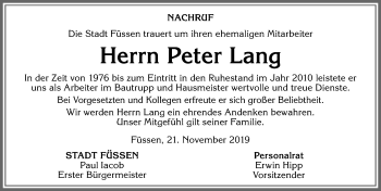 Traueranzeige von Peter Lang von Allgäuer Zeitung, Füssen